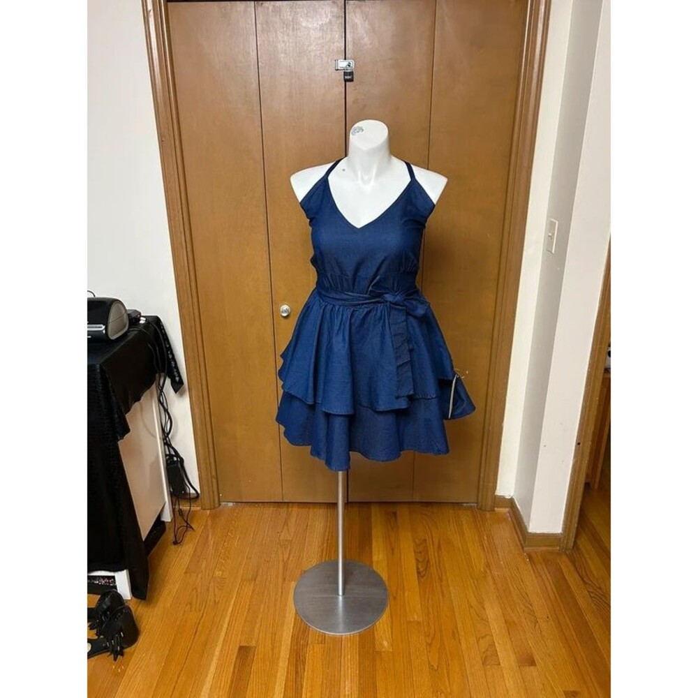 Tiered Navy Halter Midi Dress with Self Tie Waist